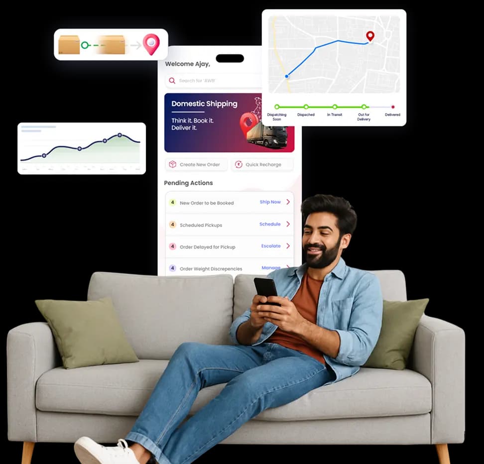 Man using courier app on sofa